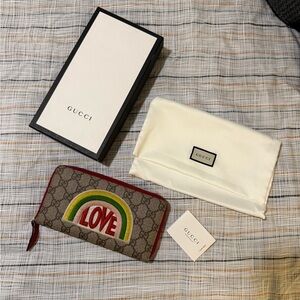 Gucci Rainbow Love GG Supreme Long Wallet, Brown & Red- GUC